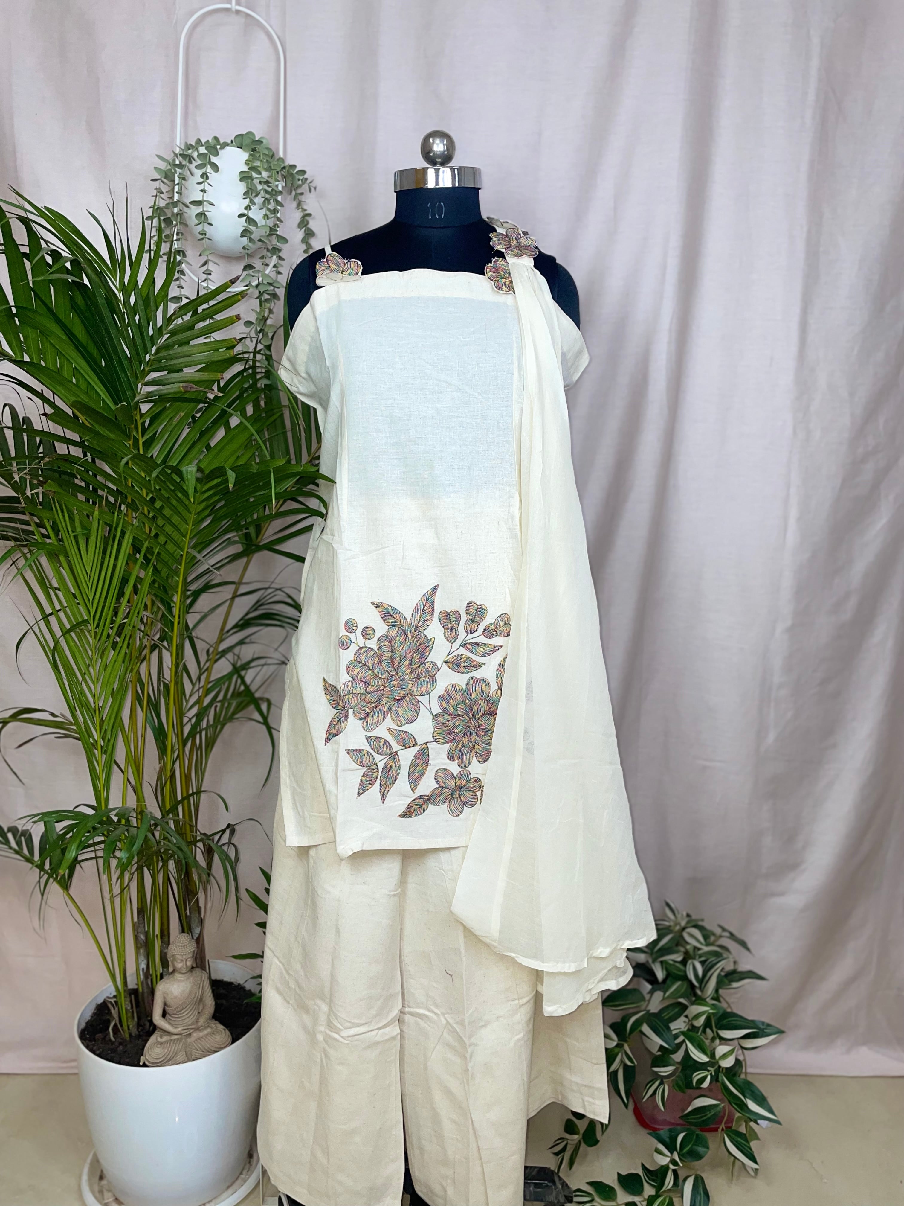 Vritti Ivory Floral 3-Piece Spagetti Palazzo Set