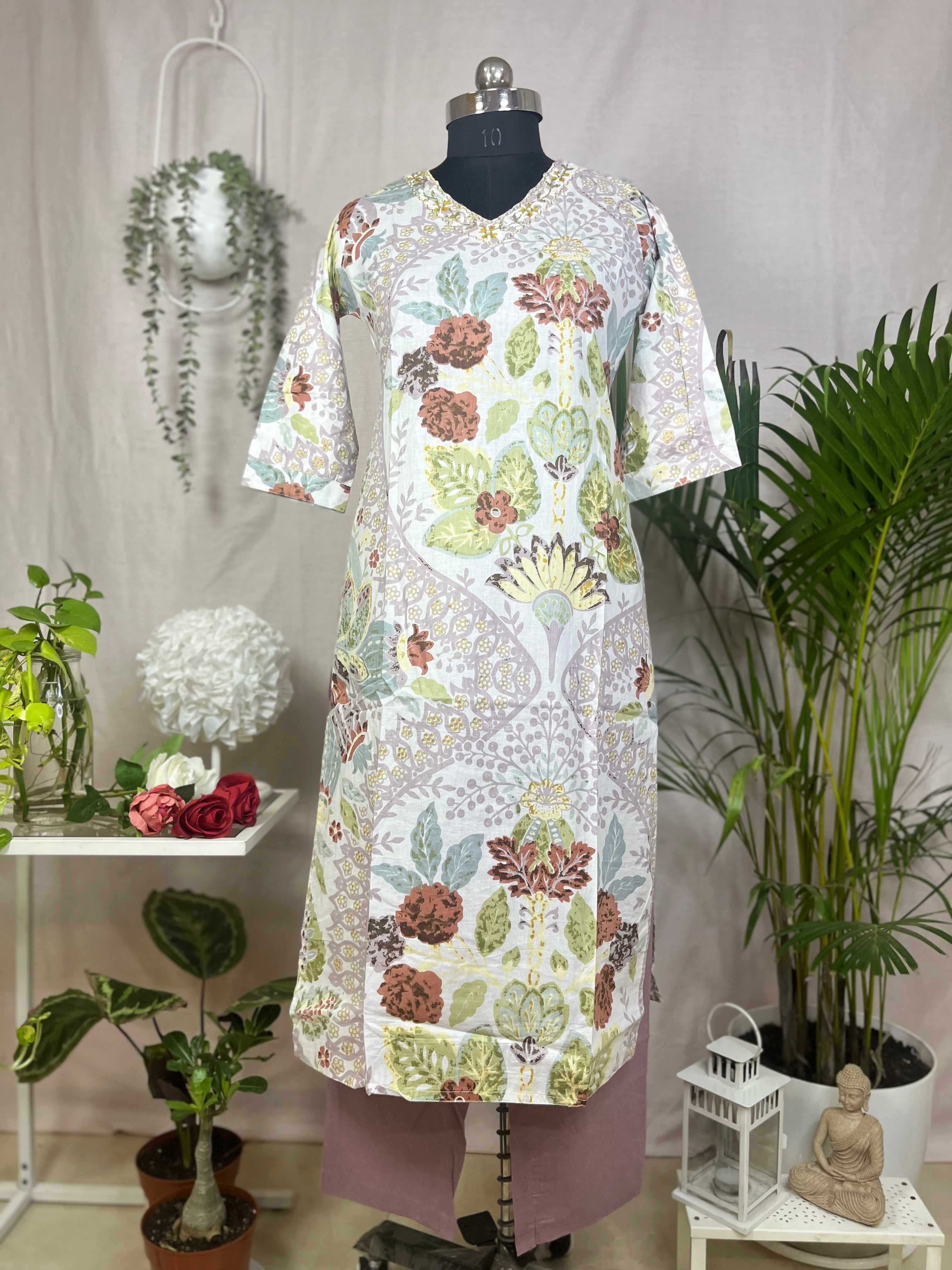 Esha Ivory Sage Cotton 3 Pcs Suit Set