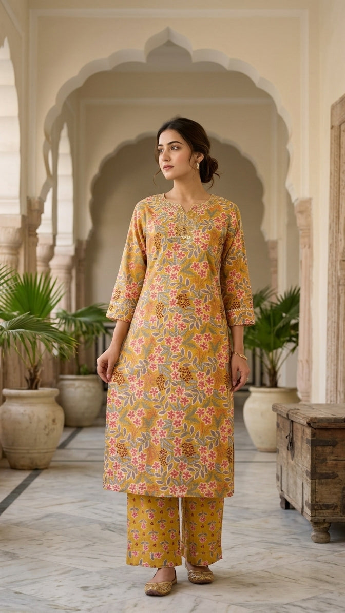 Yashvi Mustard Floral Cotton 3 Pcs Suit Set