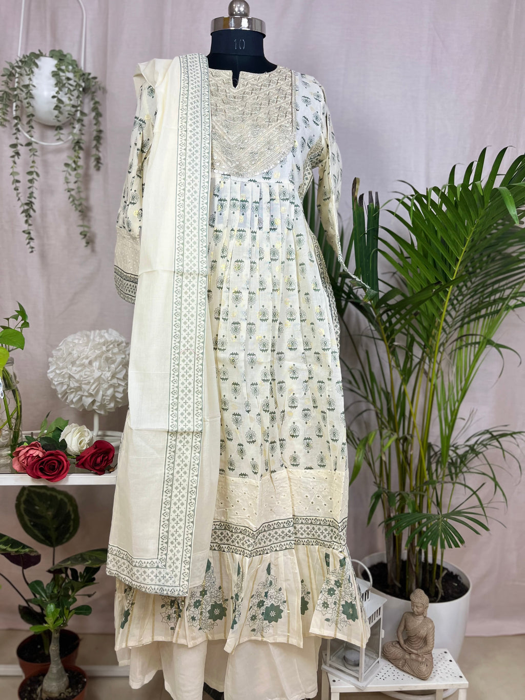 Manya Ivory Sage  Cotton 3 Pcs Suit Set