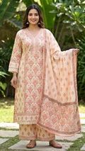 Viha Ivory Peach Cotton 3 Pcs Suit Set