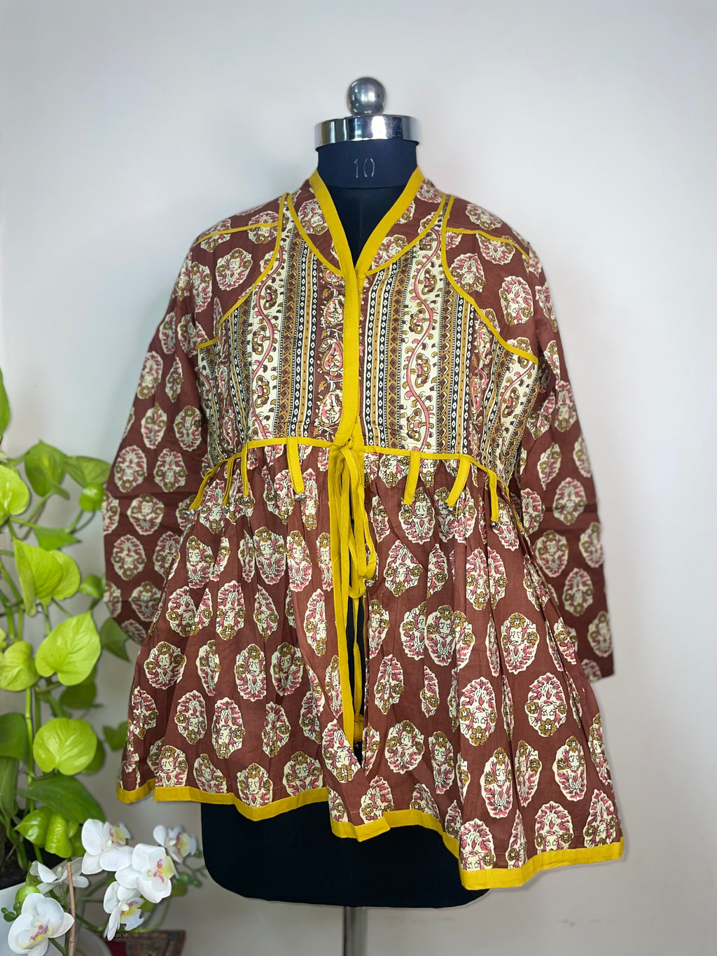 Mocha Mustard Hand Block Cotton Short Kurti