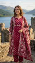 Charvi Maroon Bloom Cotton 3 Pcs Suit Set