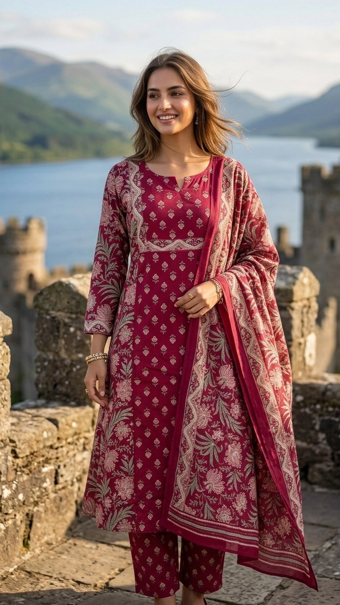 Charvi Maroon Bloom Cotton 3 Pcs Suit Set