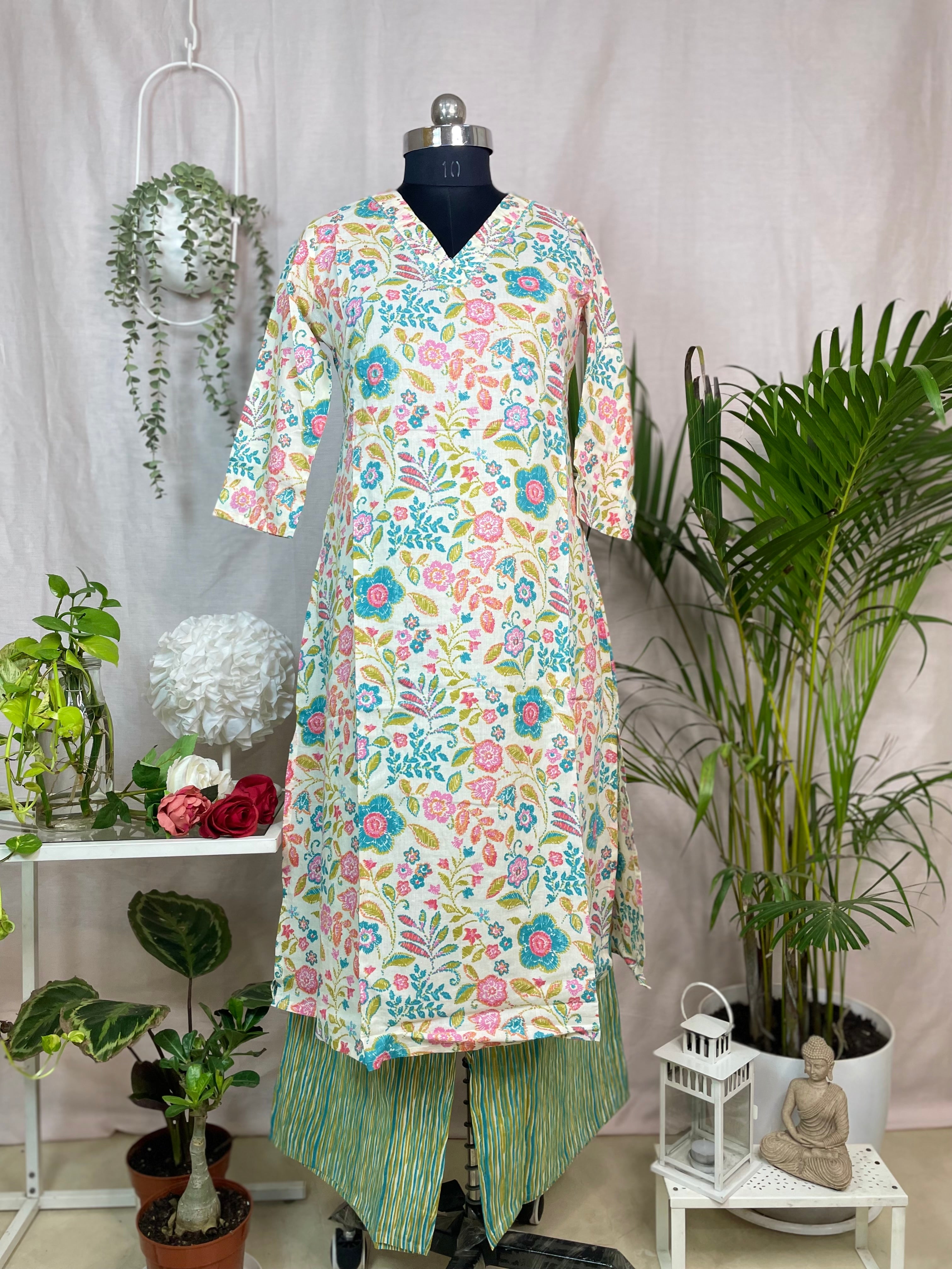 Ishvi Ivory Aqua Cotton 3 Pcs Suit Set