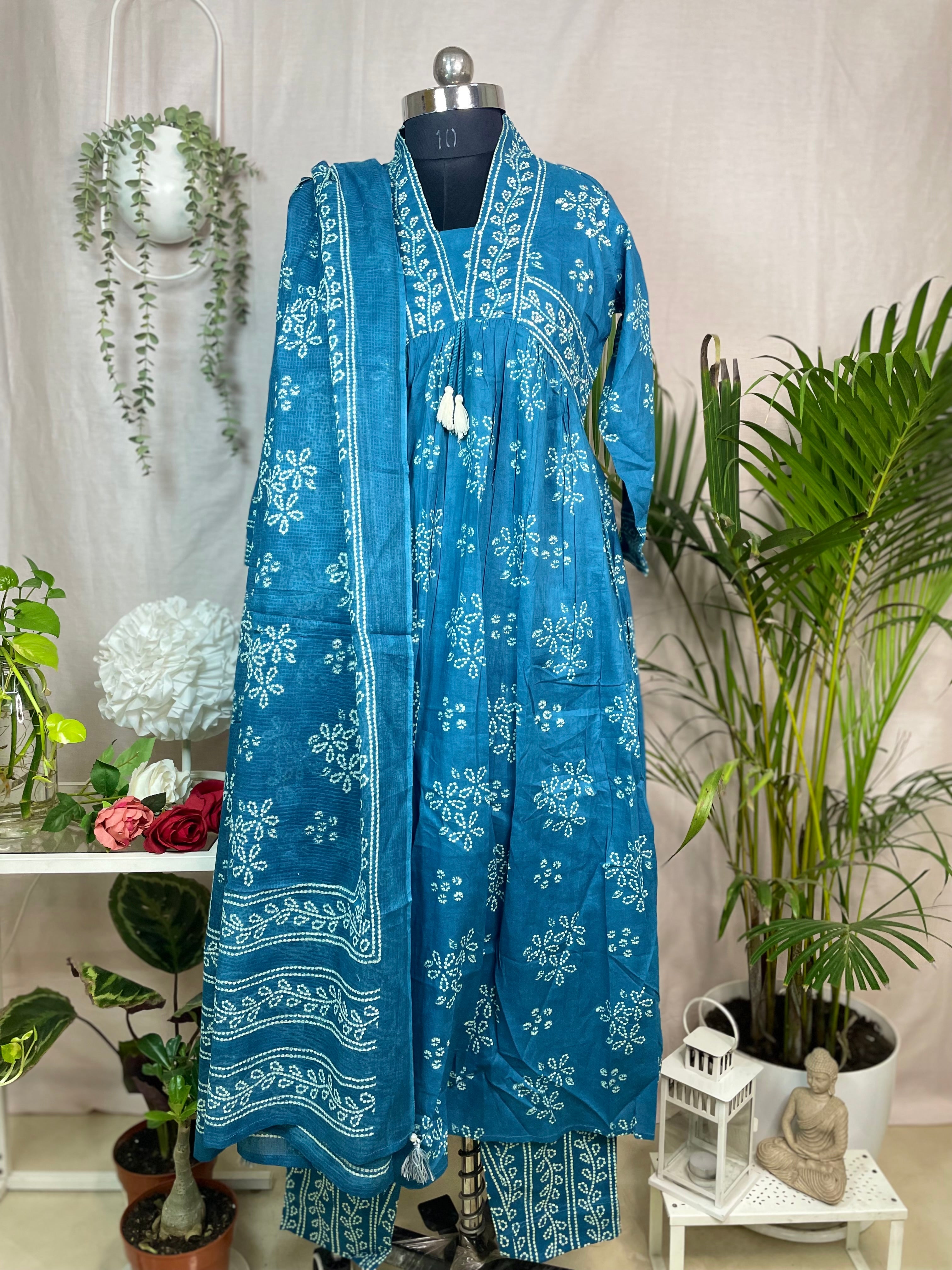 Krisha Teal Bandhani Print 3 Pcs Suit Set